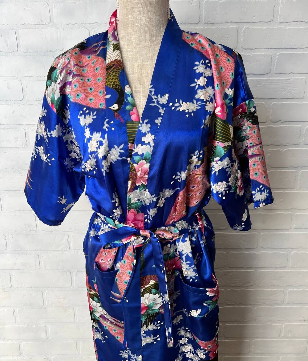 Women's Satin Royal Blue Pink and Cream Floral Bird Kimono Robe Knee Length